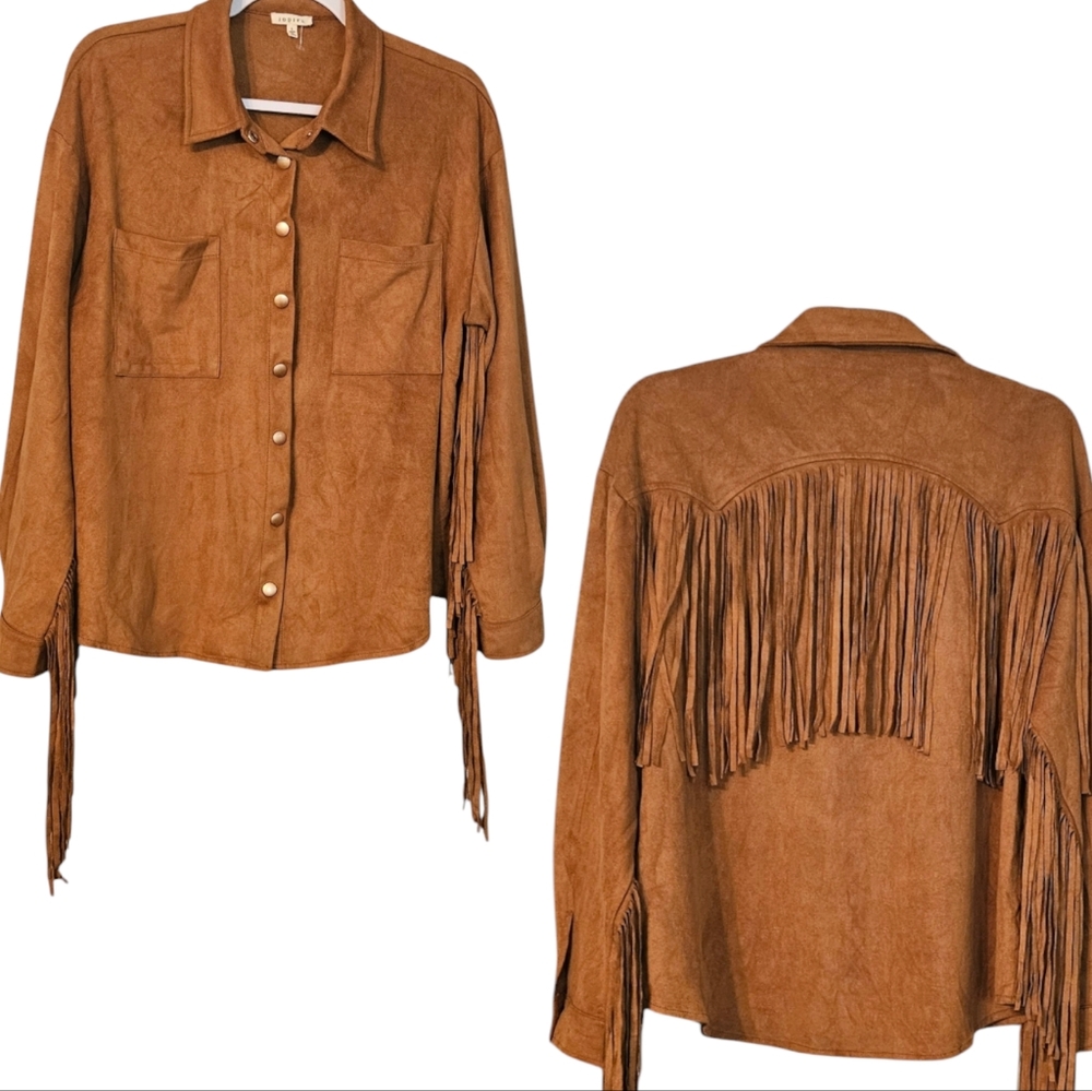 Jodifl Women's Brown Solid  Fringed Faux Suede Button Down Size L